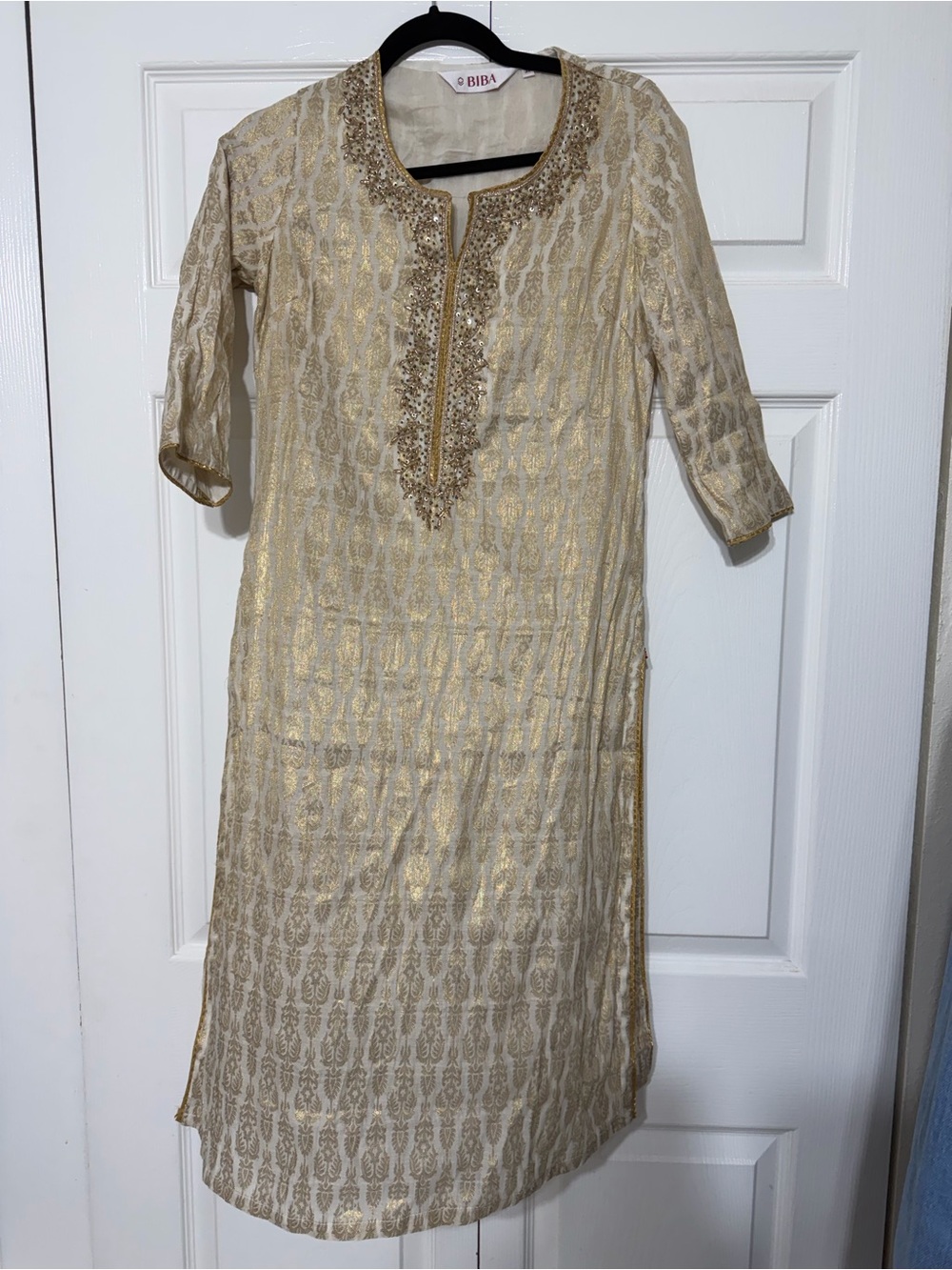 Biba beige and gold metallic woven straight Kurta size 32
